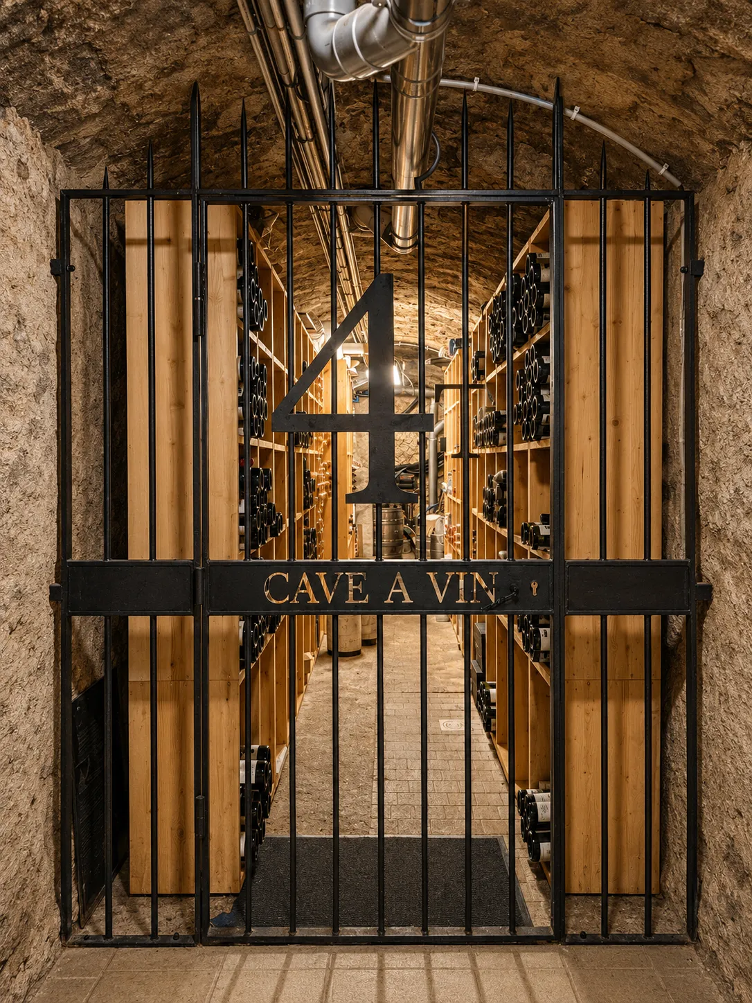 La grille de la cave à vin, frappée du 4, sous la voûte de pierre
